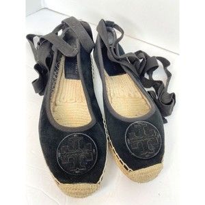 Tory burch minnie suede leather lace up espidrille flats size 10 black